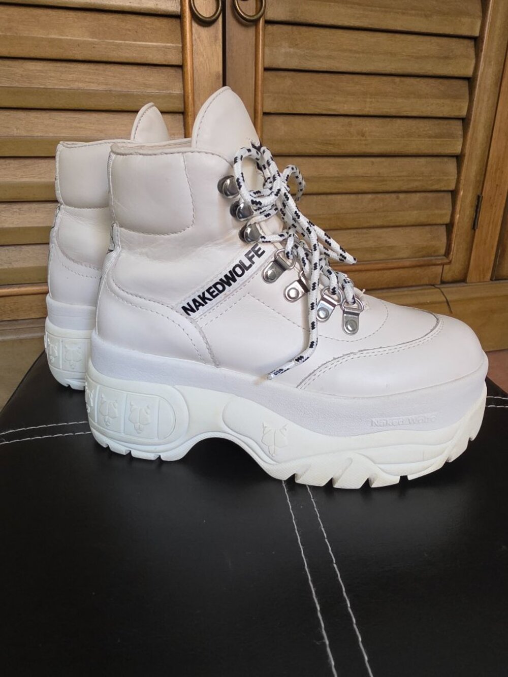 NAKED WOLFE Spike Leather Platform Lace Up Ankle Boots Womens US 6 White